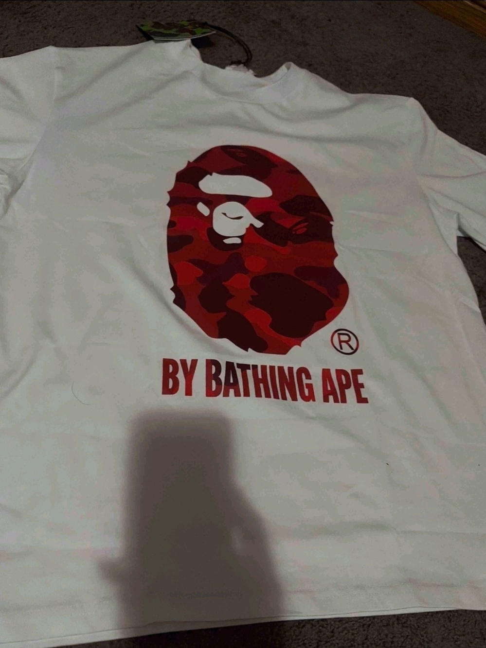 Bape White Short Sleeve Tee with Red Camo Ape Head